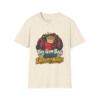 Graphic fitness T-shirt featuring the "This Gym Bag Contains Emergency Noodles" design.