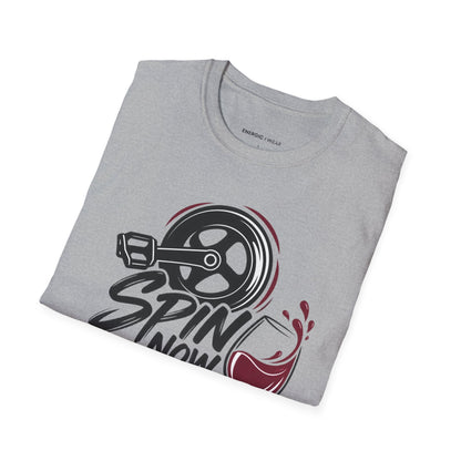 Graphic fitness T-shirt featuring the "Spin Now, Wine Later" design.