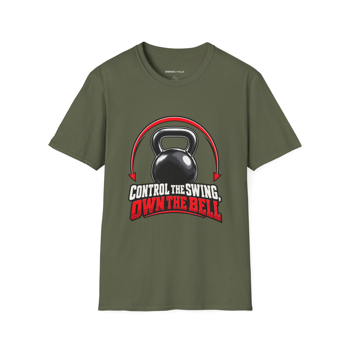 Graphic fitness T-shirt featuring the "Control the Swing Own the Bell" design.