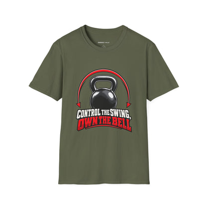 Graphic fitness T-shirt featuring the "Control the Swing Own the Bell" design.