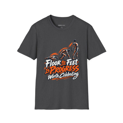Graphic fitness T-shirt featuring the "Floor to Feet Is Progress Worth Celebrating" design.