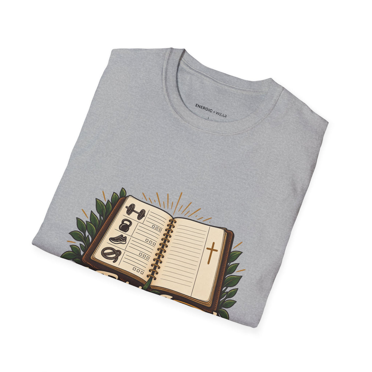 Graphic fitness T-shirt featuring the "My Training Journal Leaves Room for Prayer" design.