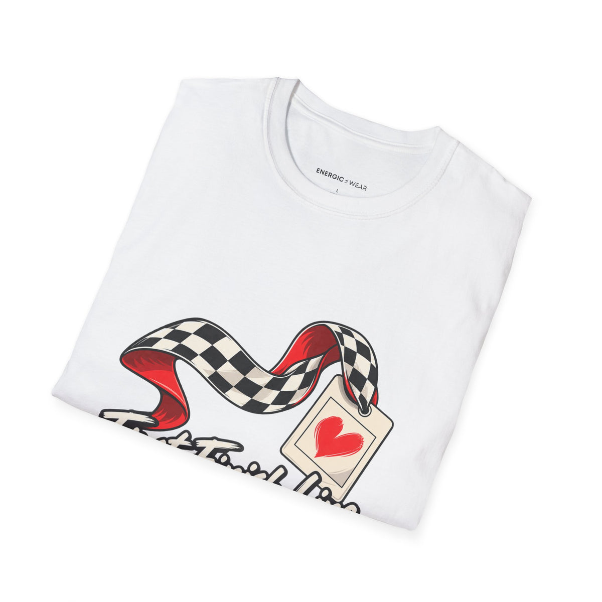 Graphic fitness T-shirt featuring the "First Finish Line Lifelong Memory" design.