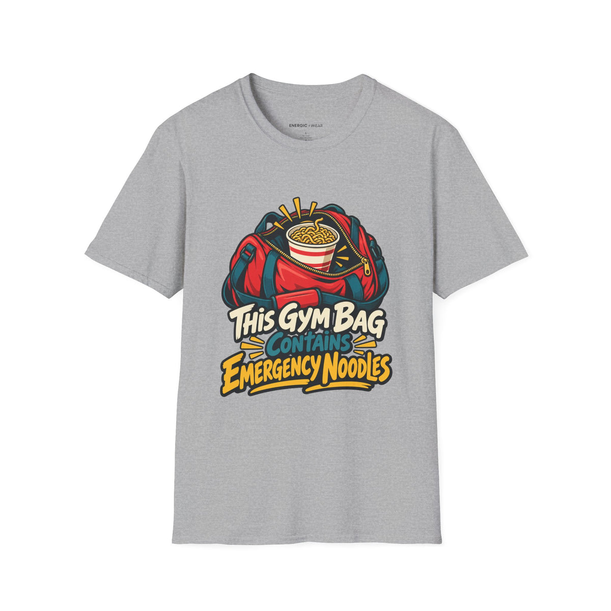 Graphic fitness T-shirt featuring the "This Gym Bag Contains Emergency Noodles" design.