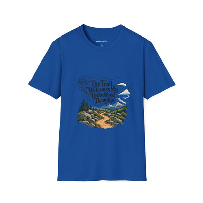 Graphic fitness T-shirt featuring the "The Trail Welcomes My Unfinished Thoughts" design.