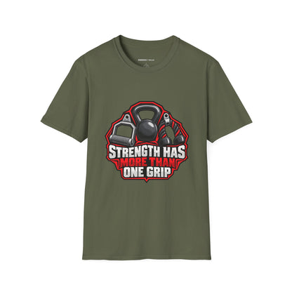 Graphic fitness T-shirt featuring the "Strength Has More Than One Grip" design.