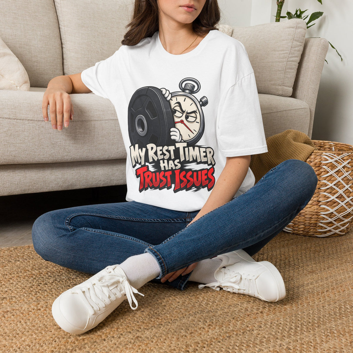 Graphic fitness T-shirt featuring the "My Rest Timer Has Trust Issues" design.