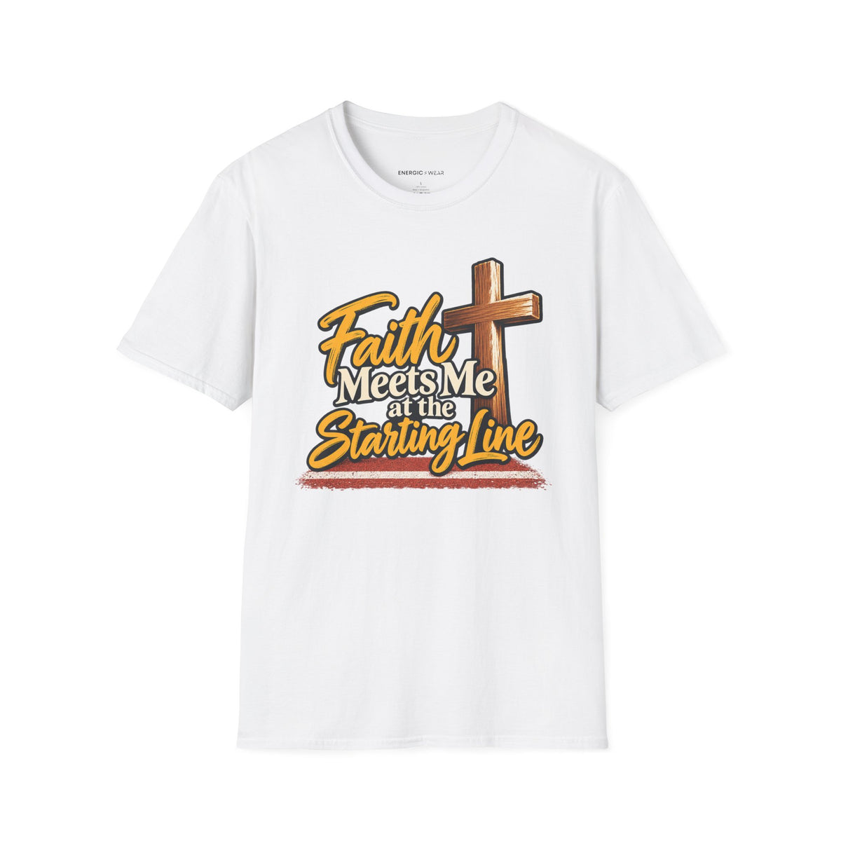 Graphic fitness T-shirt featuring the "Faith Meets Me at the Starting Line" design.
