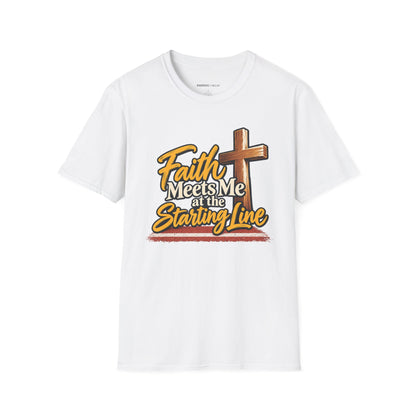 Graphic fitness T-shirt featuring the "Faith Meets Me at the Starting Line" design.