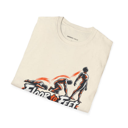 Graphic fitness T-shirt featuring the "Floor to Feet Is Progress Worth Celebrating" design.