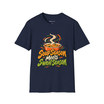 Graphic fitness T-shirt featuring the "Soup Season Meets Sweat Season" design.