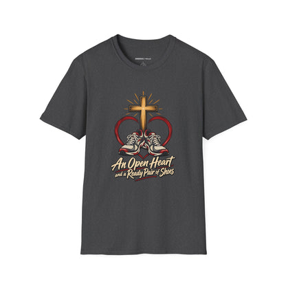 Graphic fitness T-shirt featuring the "An Open Heart and a Ready Pair of Shoes" design.