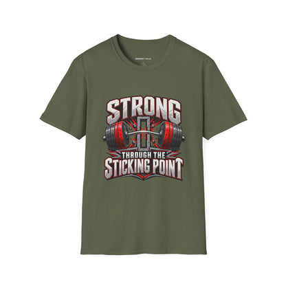 Graphic fitness T-shirt featuring the "Strong Through the Sticking Point" design.