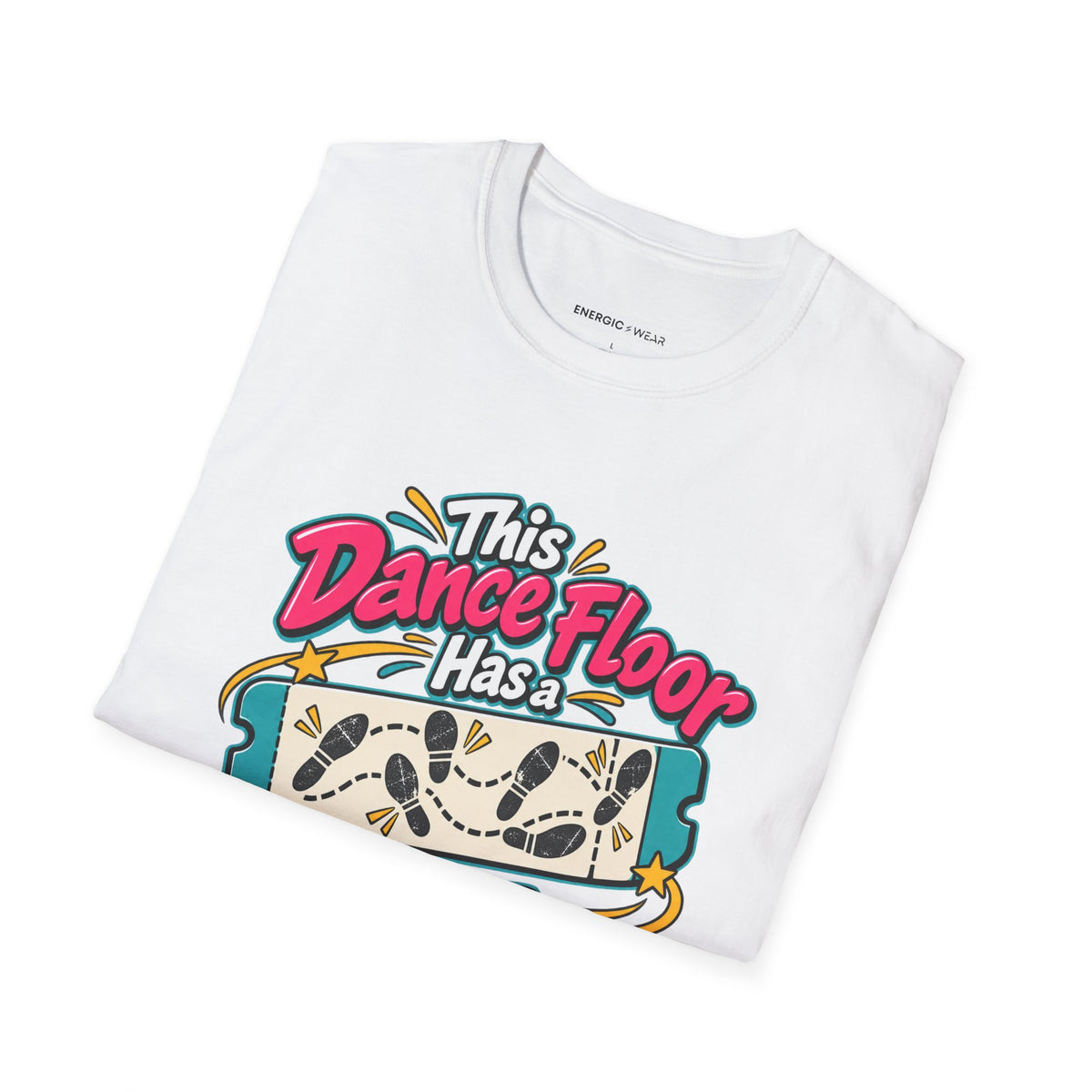 Graphic fitness T-shirt featuring the "This Dance Floor Has a Frequent-Flyer Program" design.