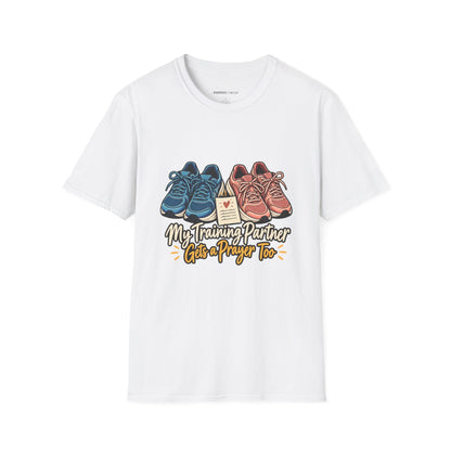 Graphic fitness T-shirt featuring the "My Training Partner Gets a Prayer Too" design.