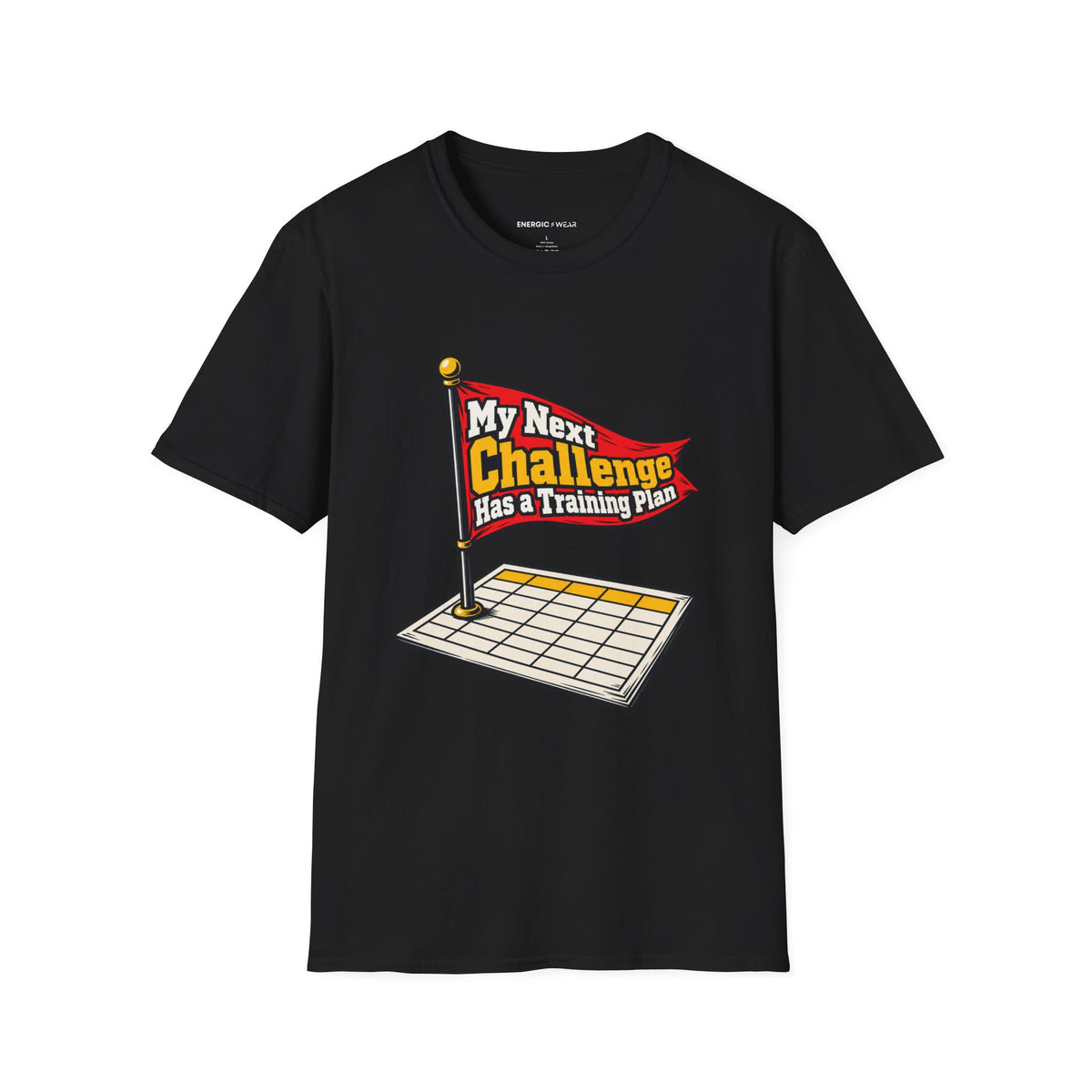Graphic fitness T-shirt featuring the "My Next Challenge Has a Training Plan" design.