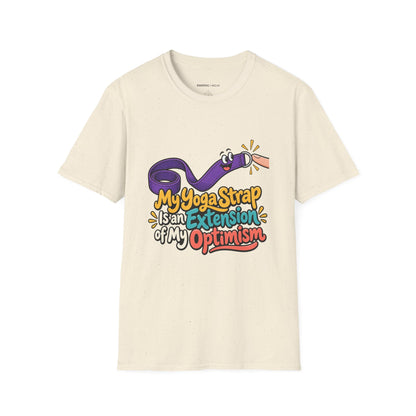 Graphic fitness T-shirt featuring the "My Yoga Strap Is an Extension of My Optimism" design.