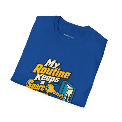 Graphic fitness T-shirt featuring the "My Routine Keeps a Spare Key for Me" design.