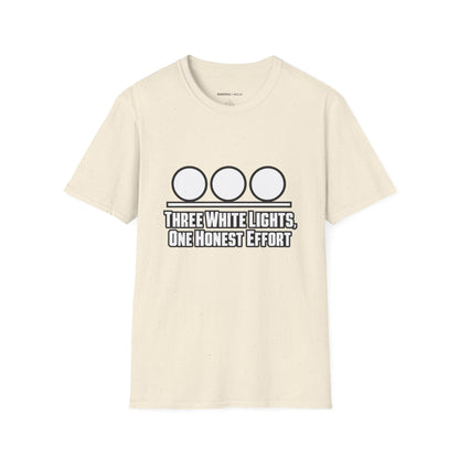 Graphic fitness T-shirt featuring the "Three White Lights One Honest Effort" design.