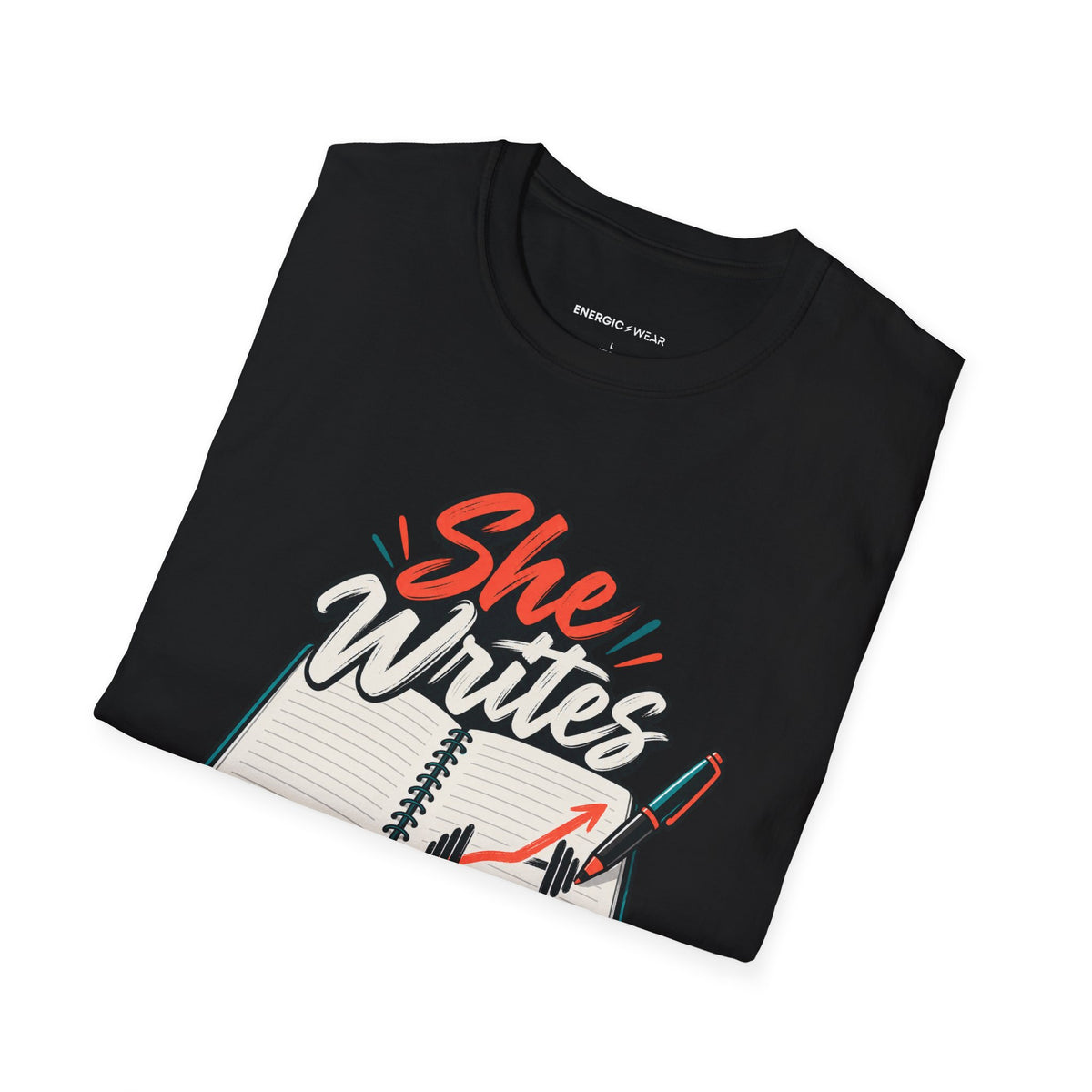 Graphic fitness T-shirt featuring the "She Writes Her Own Training Notes" design.