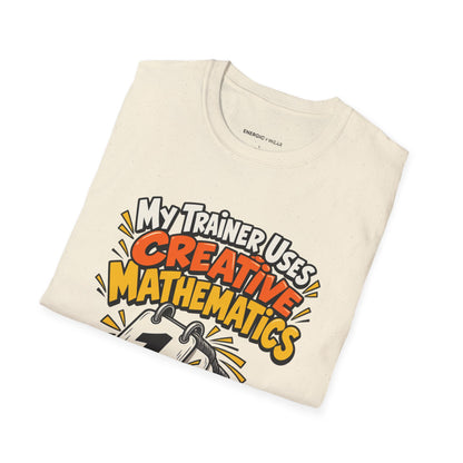 Graphic fitness T-shirt featuring the "My Trainer Uses Creative Mathematics" design.