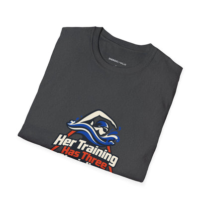 Graphic fitness T-shirt featuring the "Her Training Has Three Disciplines" design.