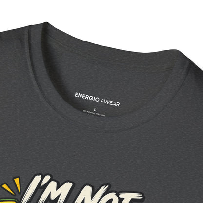 Graphic fitness T-shirt featuring the "I'm Not Lazy, I'm in Energy Saving Mode" design.