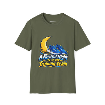 Graphic fitness T-shirt featuring the "A Restful Night Is on My Training Team" design.