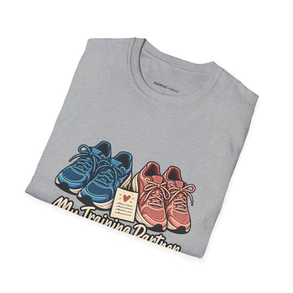 Graphic fitness T-shirt featuring the "My Training Partner Gets a Prayer Too" design.