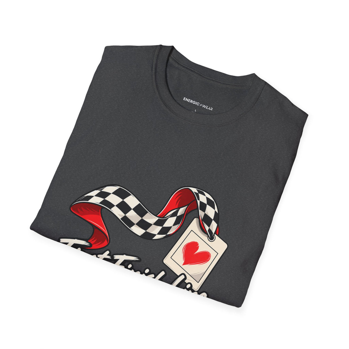 Graphic fitness T-shirt featuring the "First Finish Line Lifelong Memory" design.