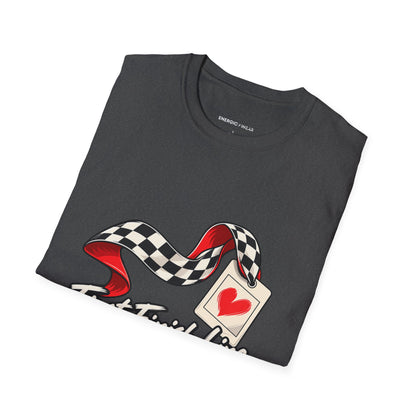 Graphic fitness T-shirt featuring the "First Finish Line Lifelong Memory" design.