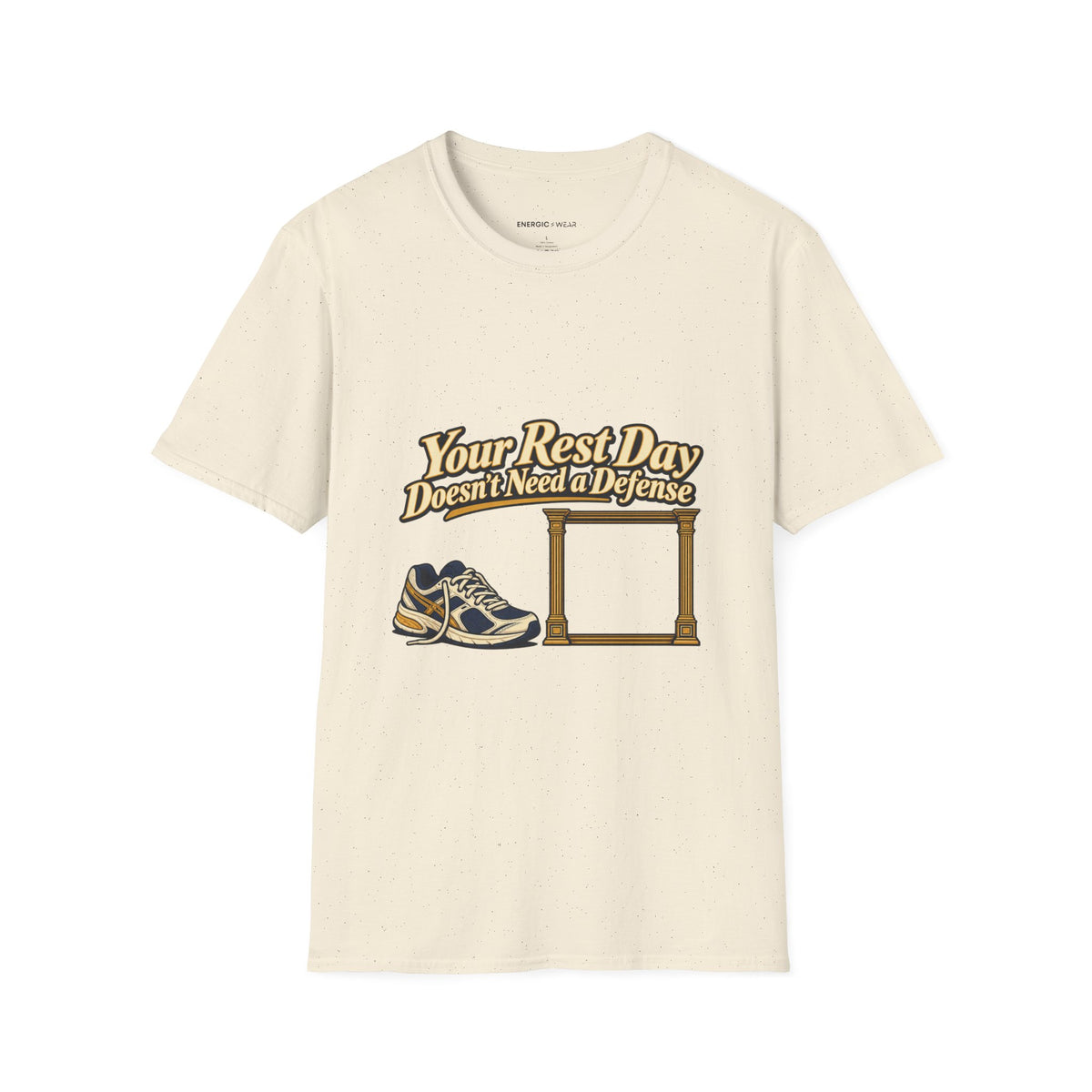 Graphic fitness T-shirt featuring the "Your Rest Day Doesn't Need a Defense" design.