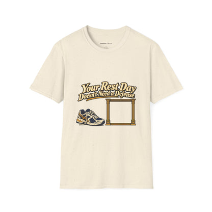Graphic fitness T-shirt featuring the "Your Rest Day Doesn't Need a Defense" design.