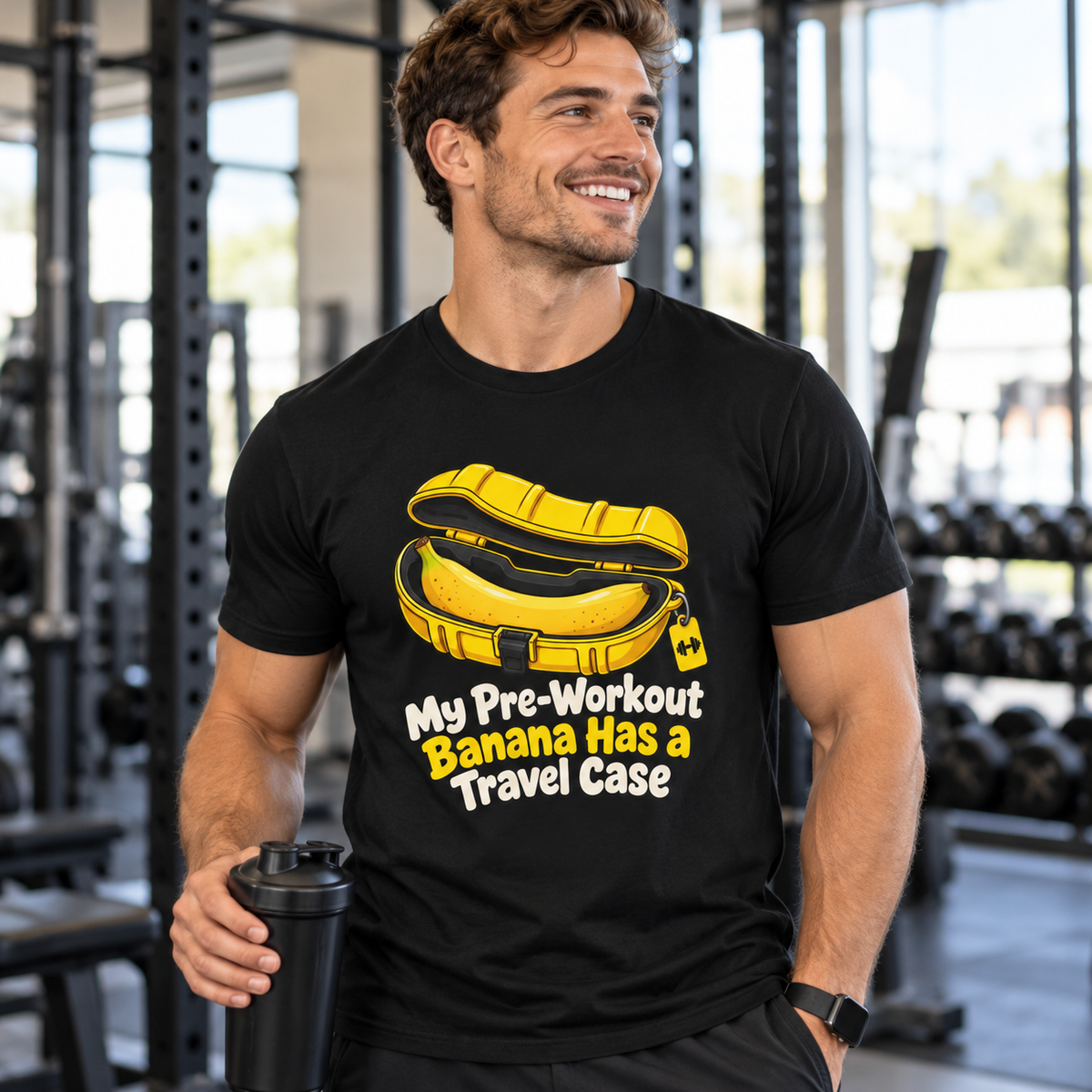 Male lifestyle mockup — My Pre-Workout Banana Has a Travel Case T-Shirt