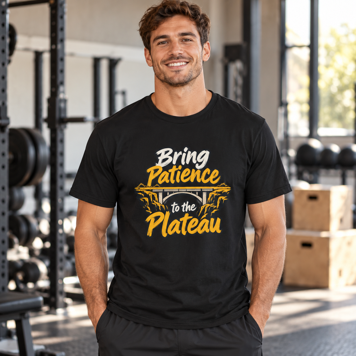 Male lifestyle mockup — bring patience to the plateau