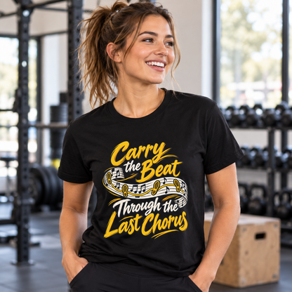 Female lifestyle mockup — Carry the Beat Through the Last Chorus T-Shirt