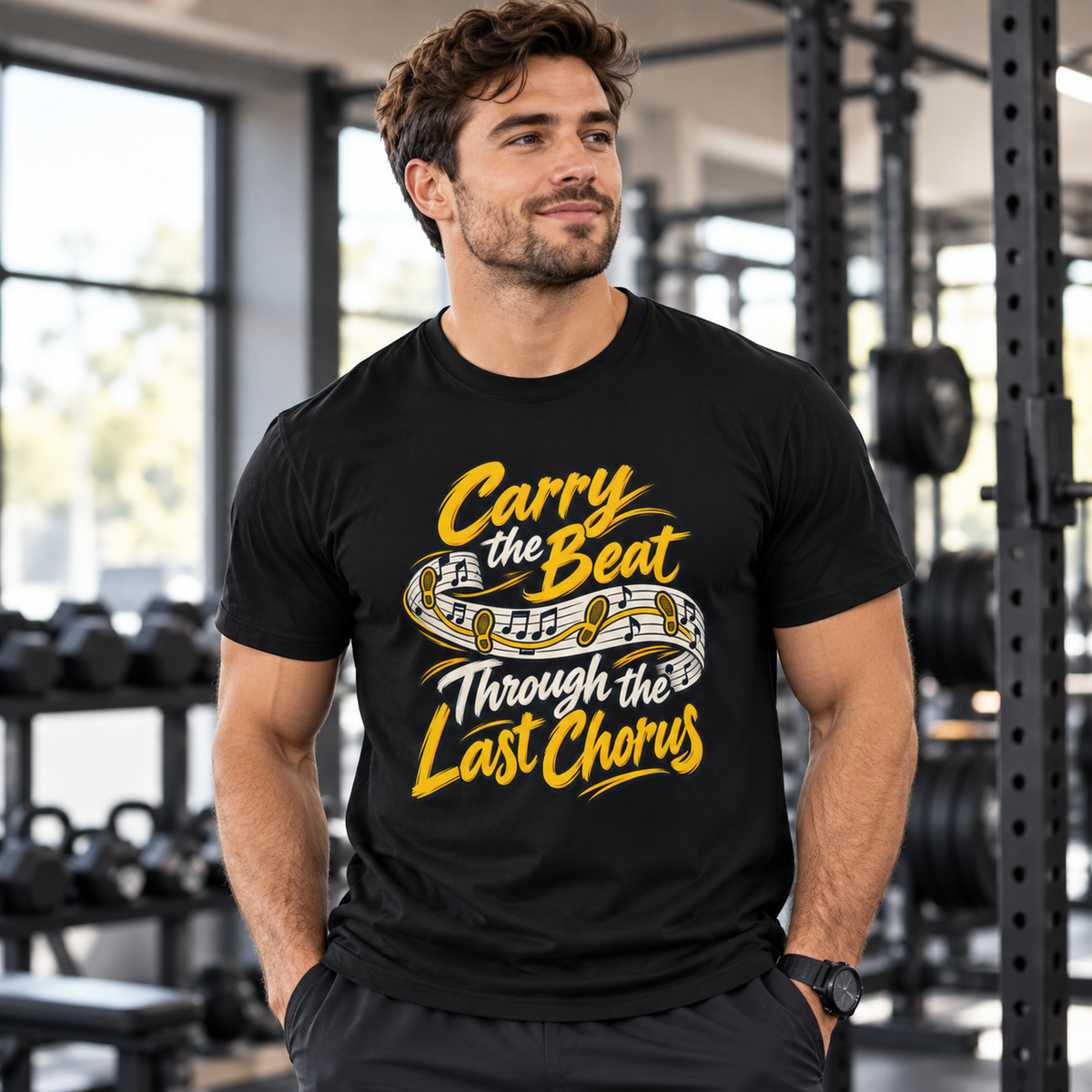Male lifestyle mockup — Carry the Beat Through the Last Chorus T-Shirt