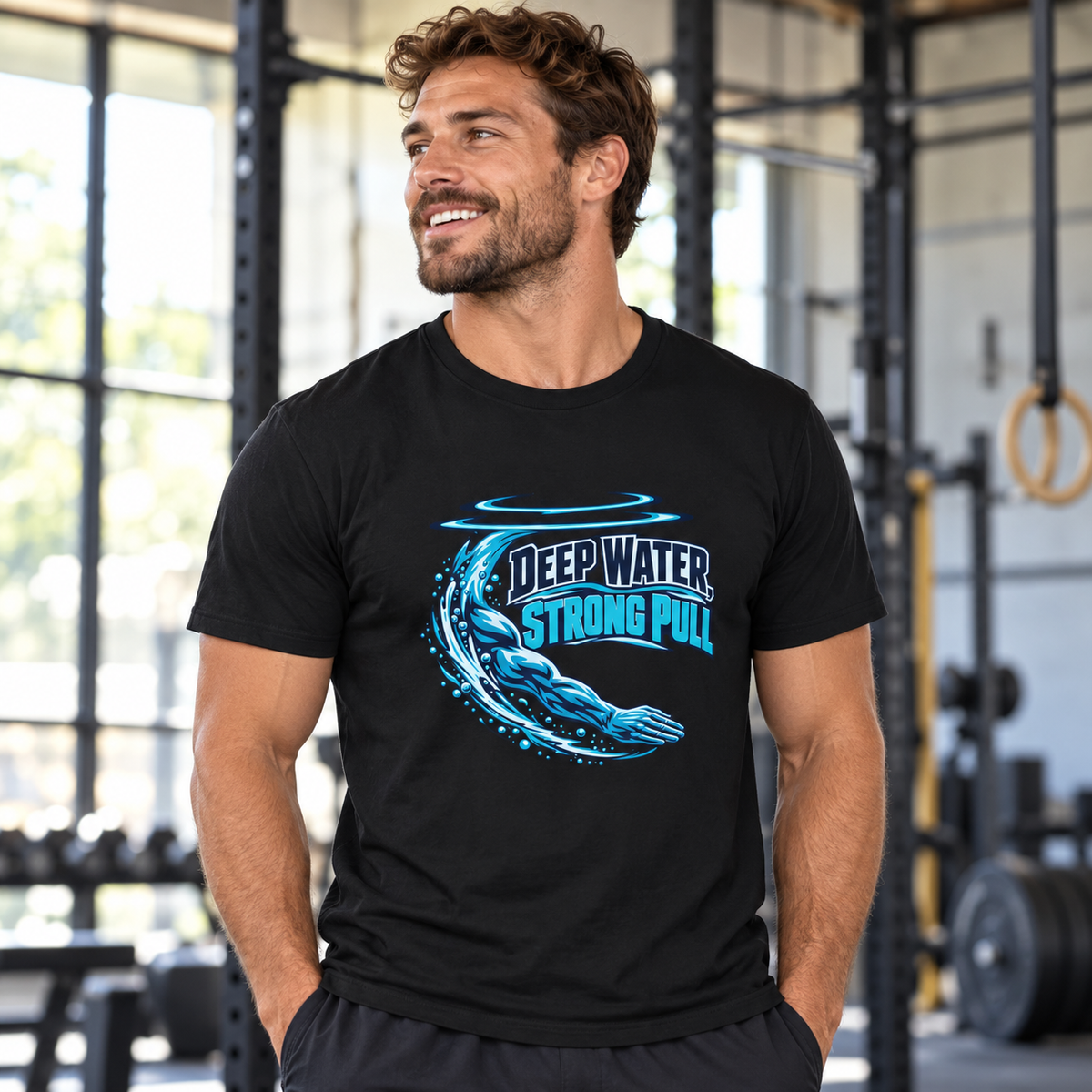 Male lifestyle mockup — Deep Water Strong Pull T-Shirt