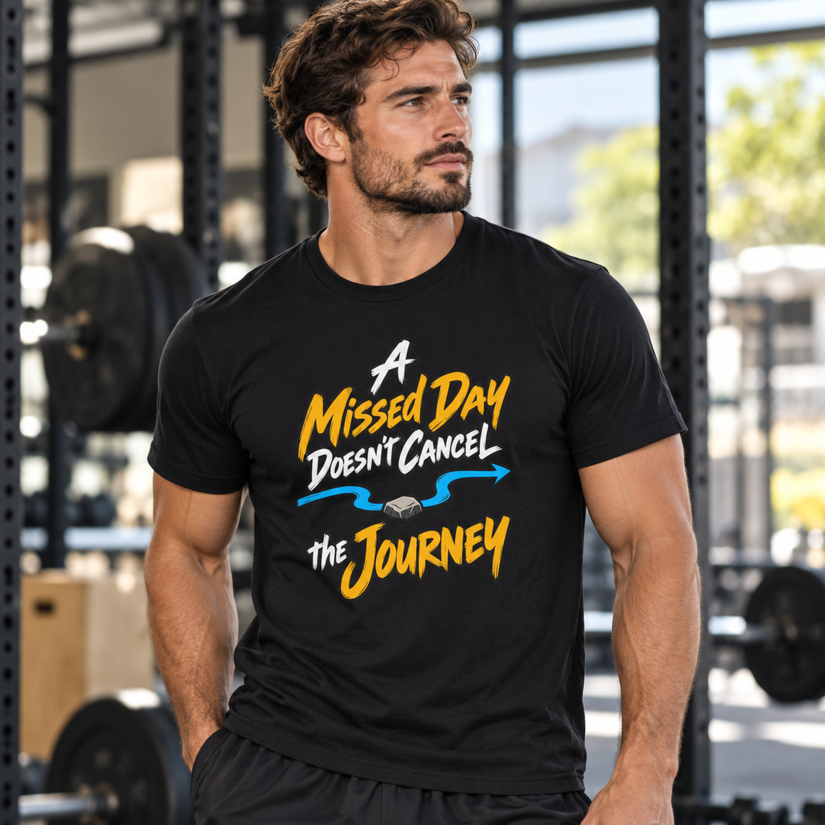 Male lifestyle mockup — A Missed Day Doesn t Cancel the Journey T-Shirt