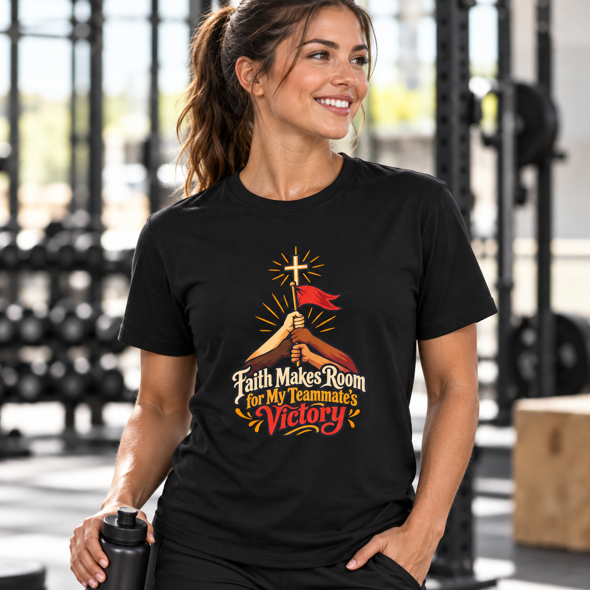 Female lifestyle mockup — Faith Makes Room for My Teammate S Victory T-Shirt