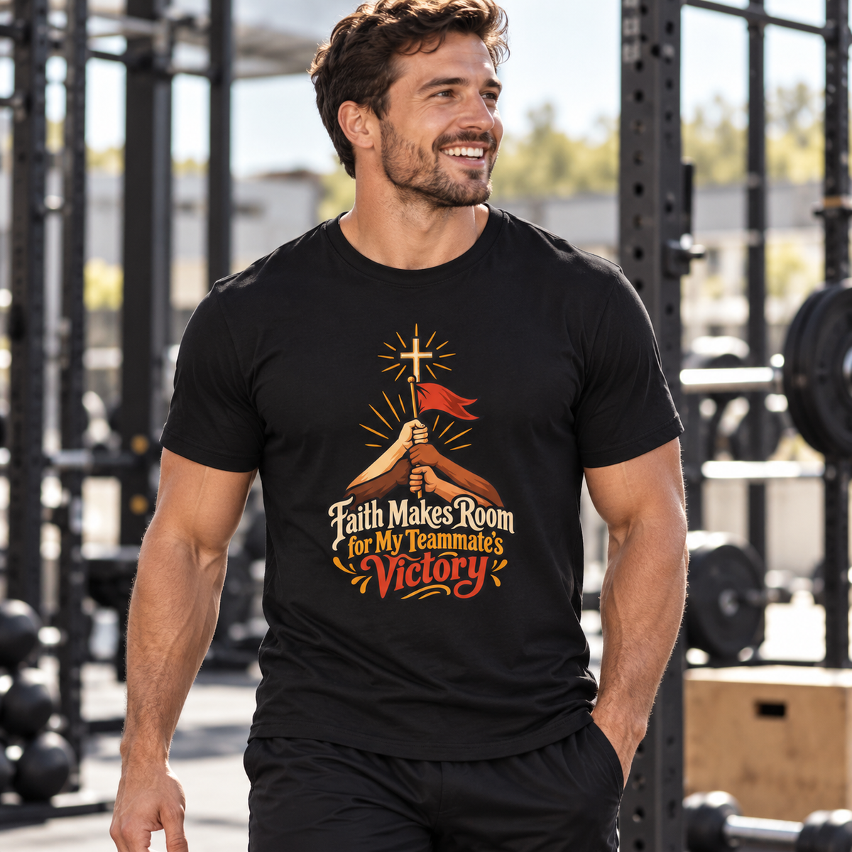 Male lifestyle mockup — Faith Makes Room for My Teammate S Victory T-Shirt