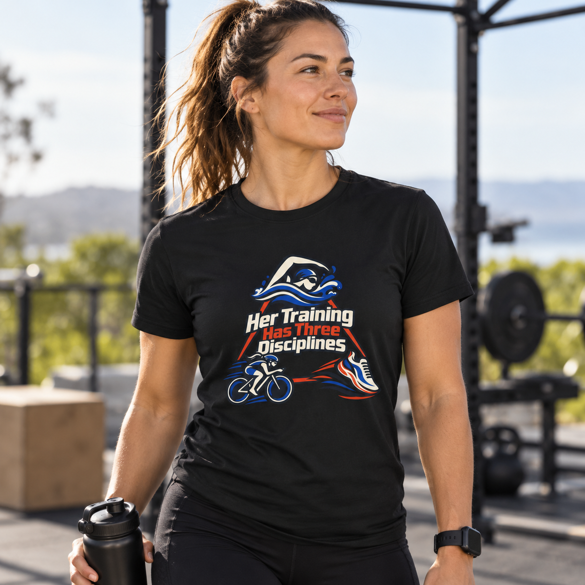 Female lifestyle mockup — Her Training Has Three Disciplines T-Shirt