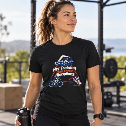 Female lifestyle mockup — Her Training Has Three Disciplines T-Shirt