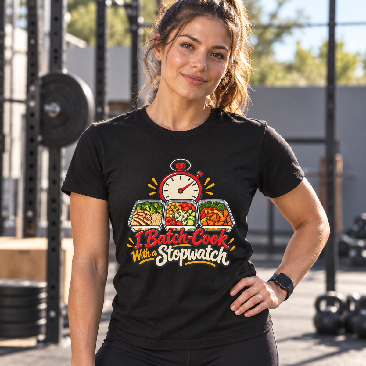 Female lifestyle mockup — I Batch-Cook with a Stopwatch T-Shirt