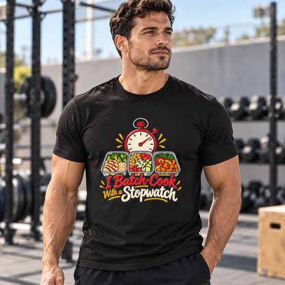 Male lifestyle mockup — I Batch-Cook with a Stopwatch T-Shirt