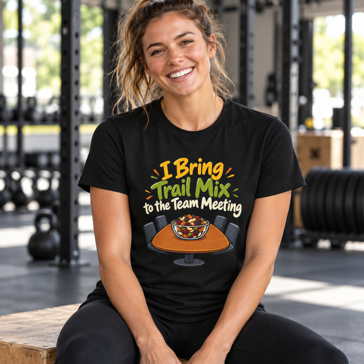 Female lifestyle mockup — I Bring Trail Mix to the Team Meeting T-Shirt