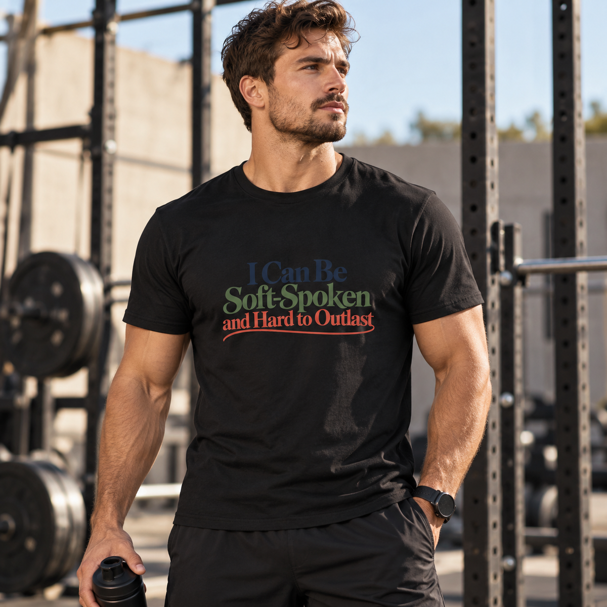 Male lifestyle mockup — I Can Be Soft-Spoken and Hard to Outlast T-Shirt