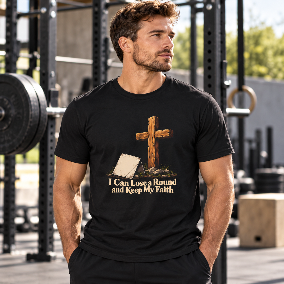 Male lifestyle mockup — I Can Lose a Round and Keep My Faith T-Shirt