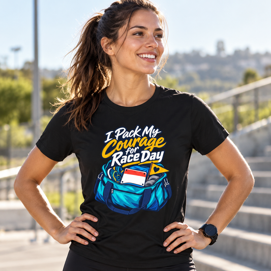 Female lifestyle mockup — I Pack My Courage for Race Day T-Shirt