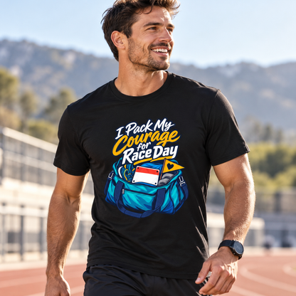 Male lifestyle mockup — I Pack My Courage for Race Day T-Shirt